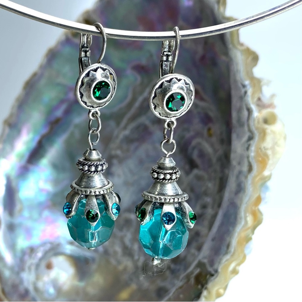 Ornate Aqua and Green Silver Tone Dangle Earrings